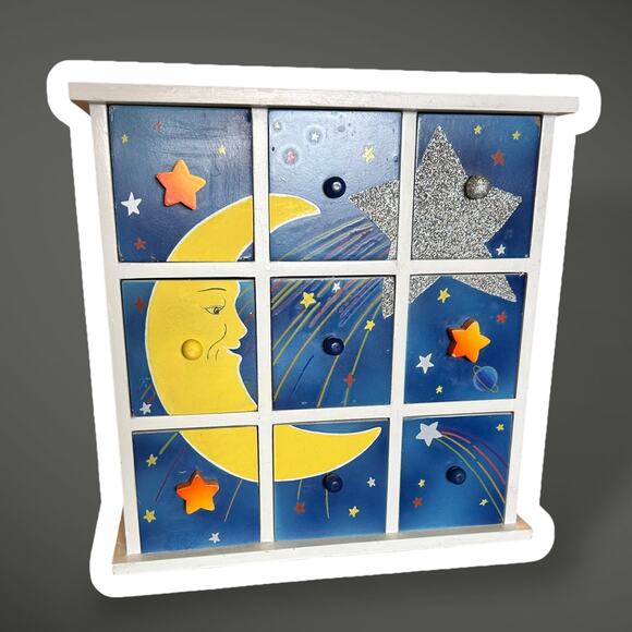 Vintage Wooden Moon and Stars Drawer Box Celestial Jewelry Organizer - Picture 7 of 8